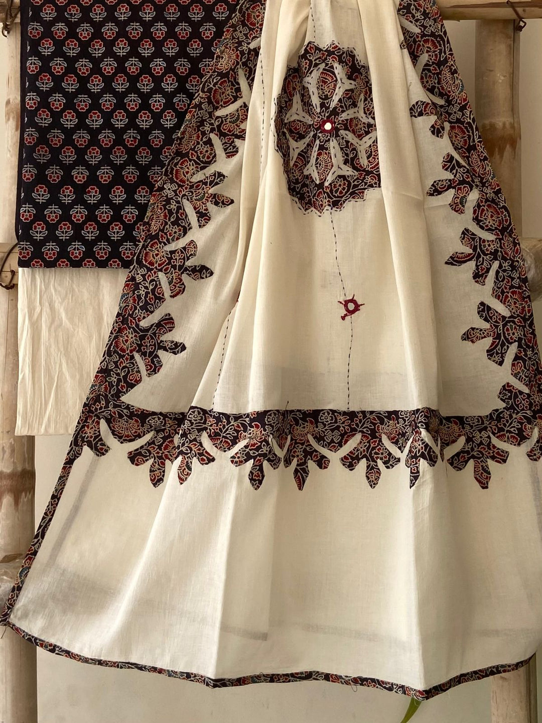 Pure Cotton Azrakh Print Unstitched Suit With Patch Work & Mirror Work Dupatta.