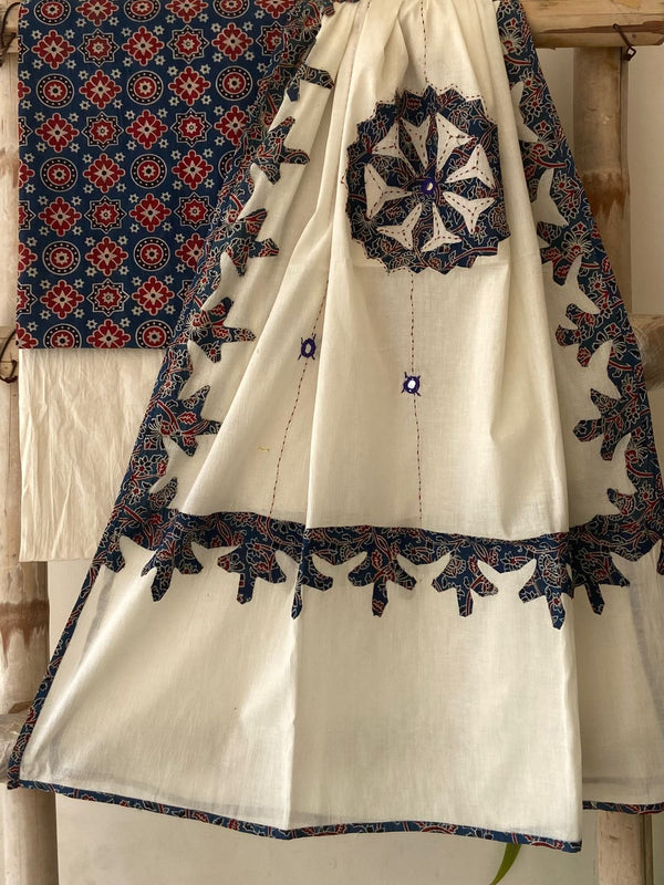 Pure Cotton Azrakh Print Unstitched Suit With Patch Work & Mirror Work Dupatta.
