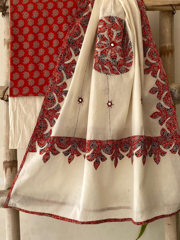 Pure Cotton Azrakh Print Unstitched Suit With Patch Work & Mirror Work Dupatta.
