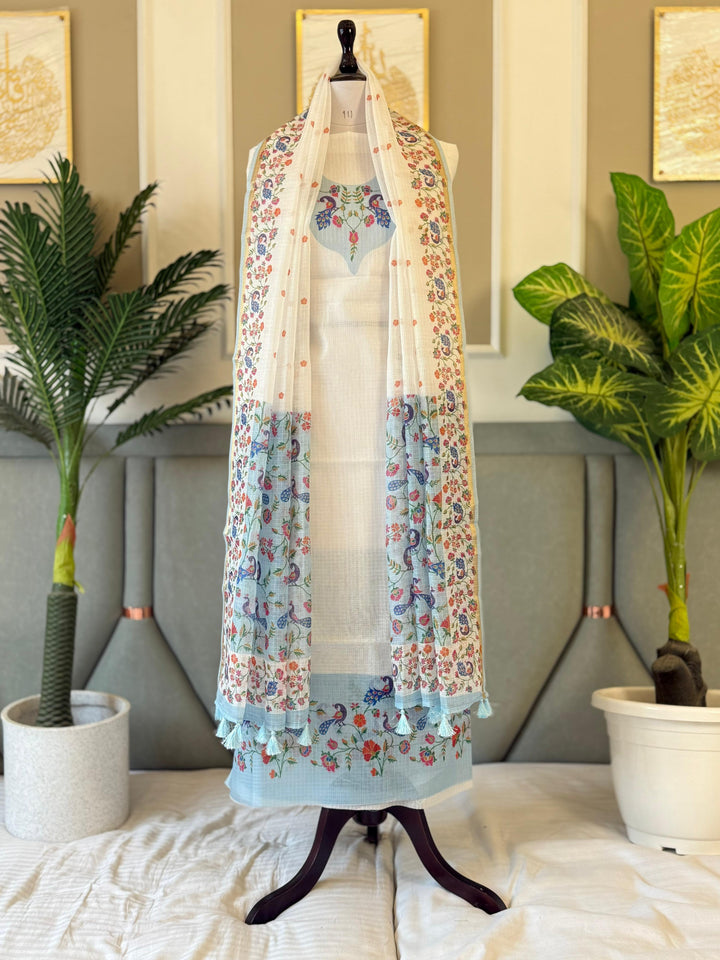 Pure Banarasi Kota Checks Unstitched Suit With Digital work Kota Dupatta