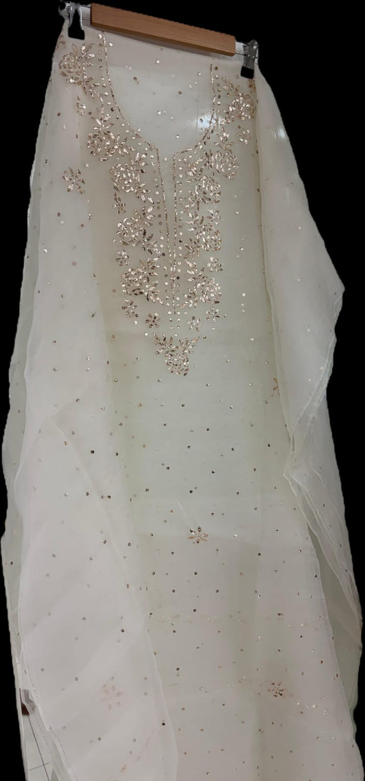 Pure organza tissue unstitched Kurta with dupatta Embellished with Badla Pitta Mukaish work.