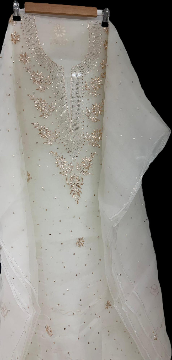 Pure organza tissue unstitched Kurta with dupatta Embellished with Badla Pitta Mukaish work.