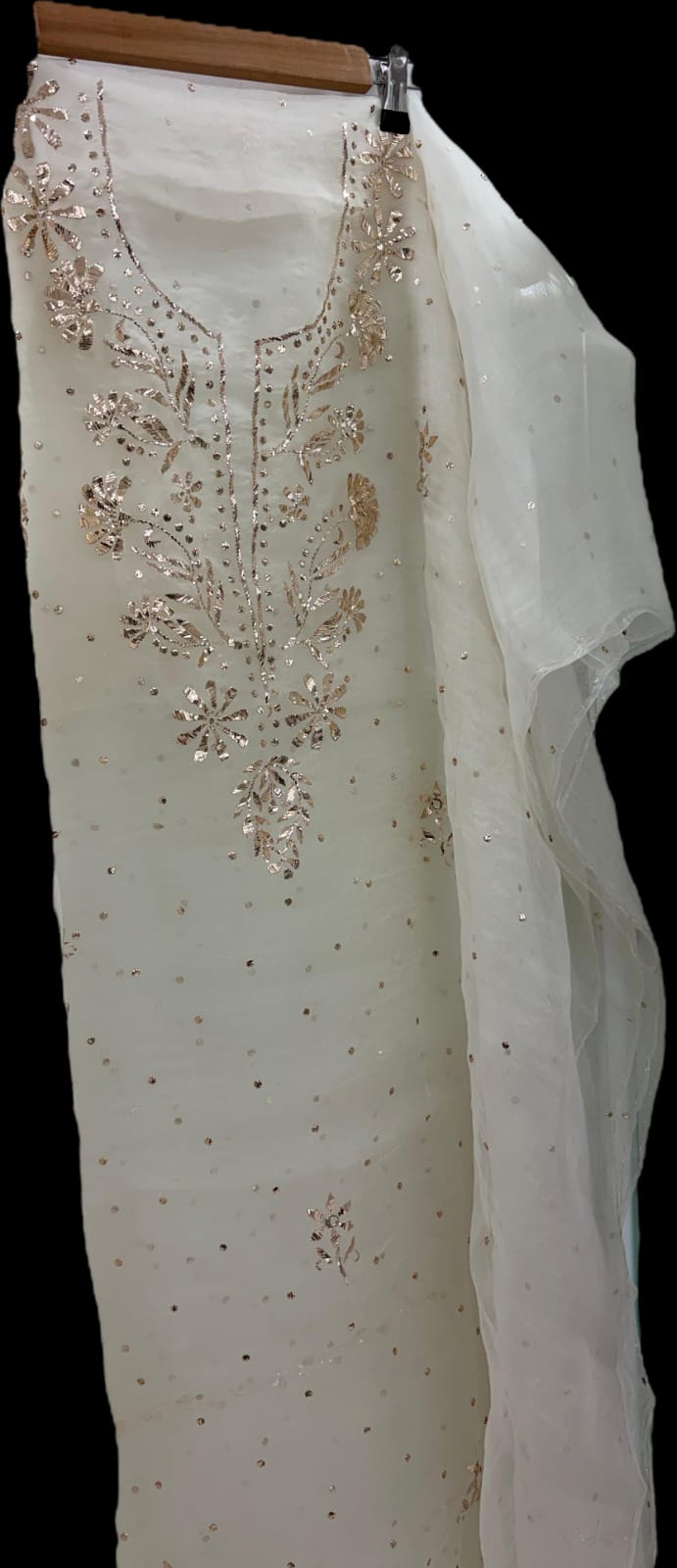 Pure organza tissue unstitched Kurta with dupatta Embellished with Badla Pitta Mukaish work.