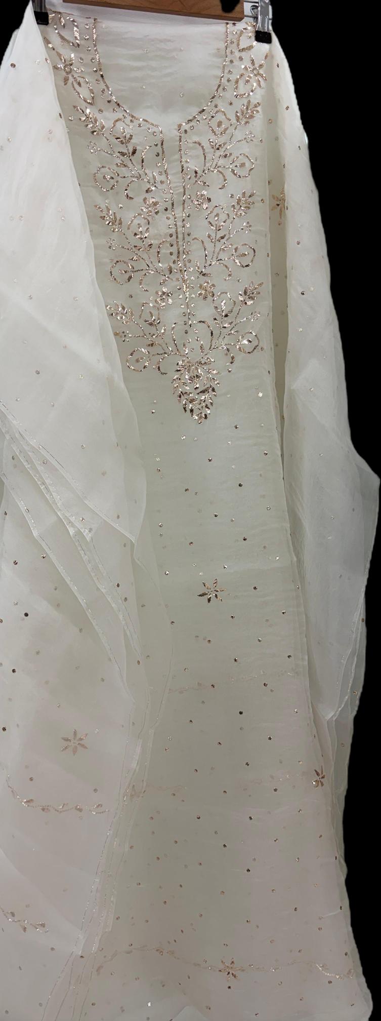 Pure organza tissue unstitched Kurta with dupatta Embellished with Badla Pitta Mukaish work.