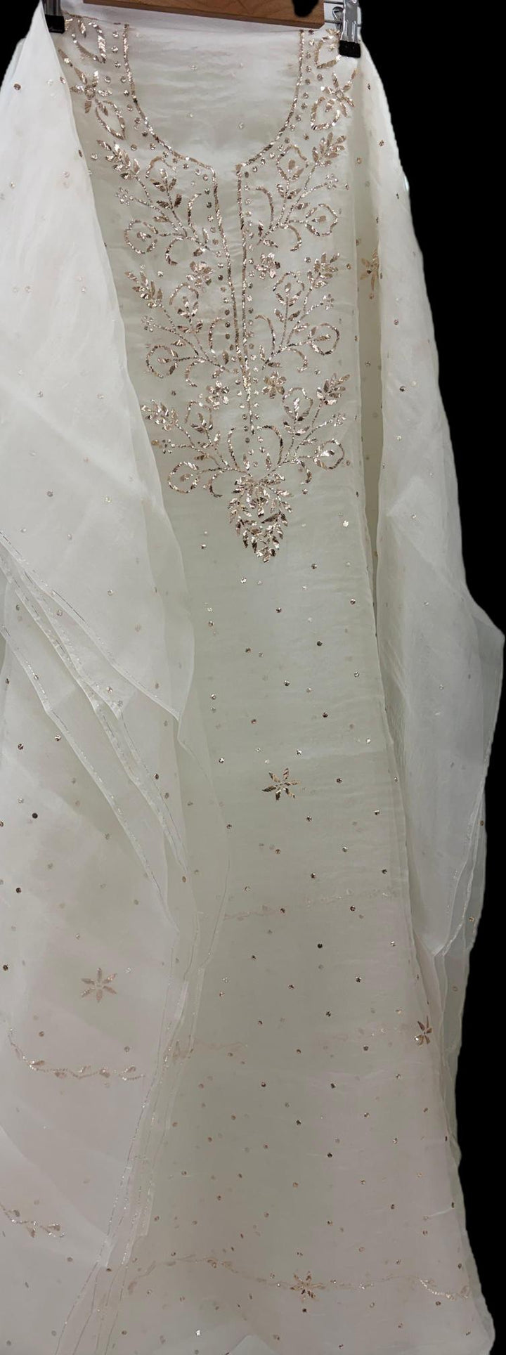 Pure organza tissue unstitched Kurta with dupatta Embellished with Badla Pitta Mukaish work.