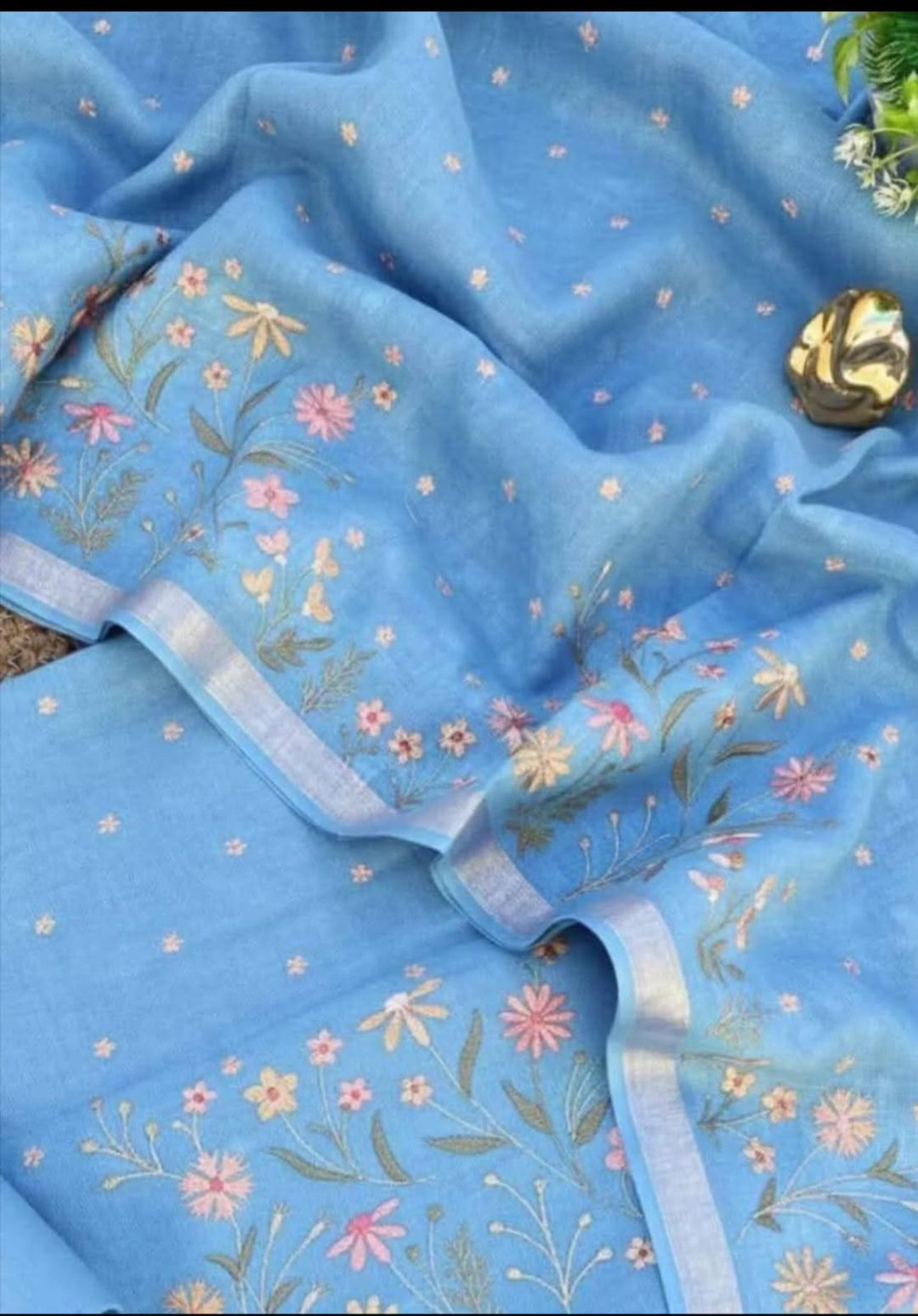 Bhagalpuri Cotton Linen Embroidery Work Unstitched With Dupatta .