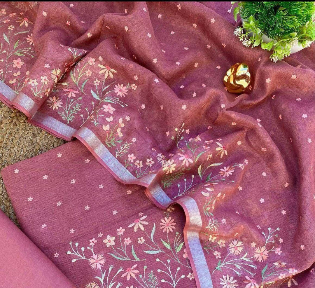 Bhagalpuri Cotton Linen Embroidery Work Unstitched With Dupatta .