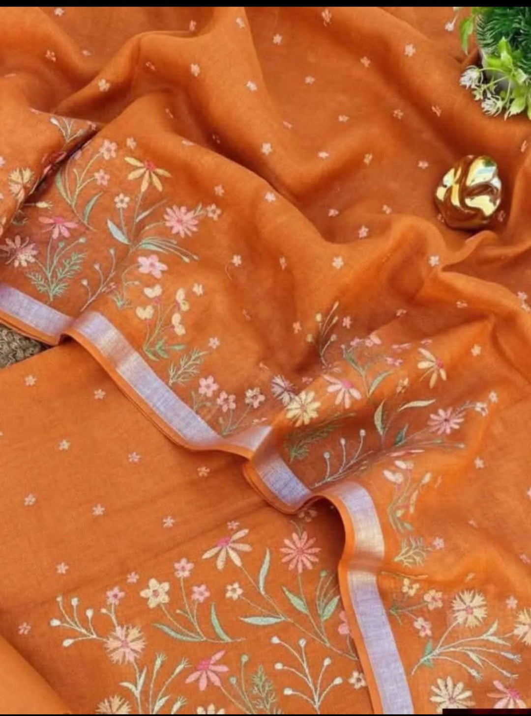 Bhagalpuri Cotton Linen Embroidery Work Unstitched With Dupatta .