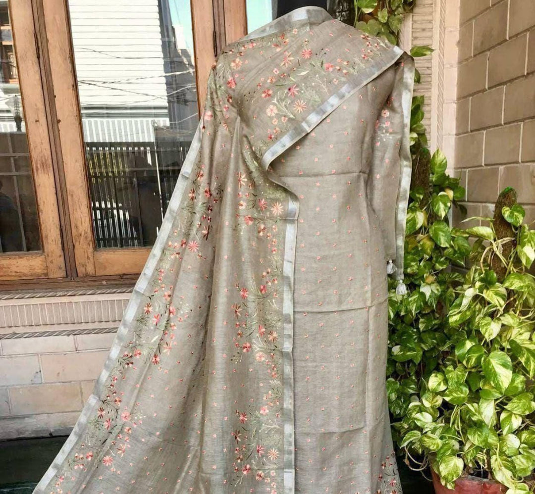 Bhagalpuri Cotton Linen Embroidery Work Unstitched With Dupatta .
