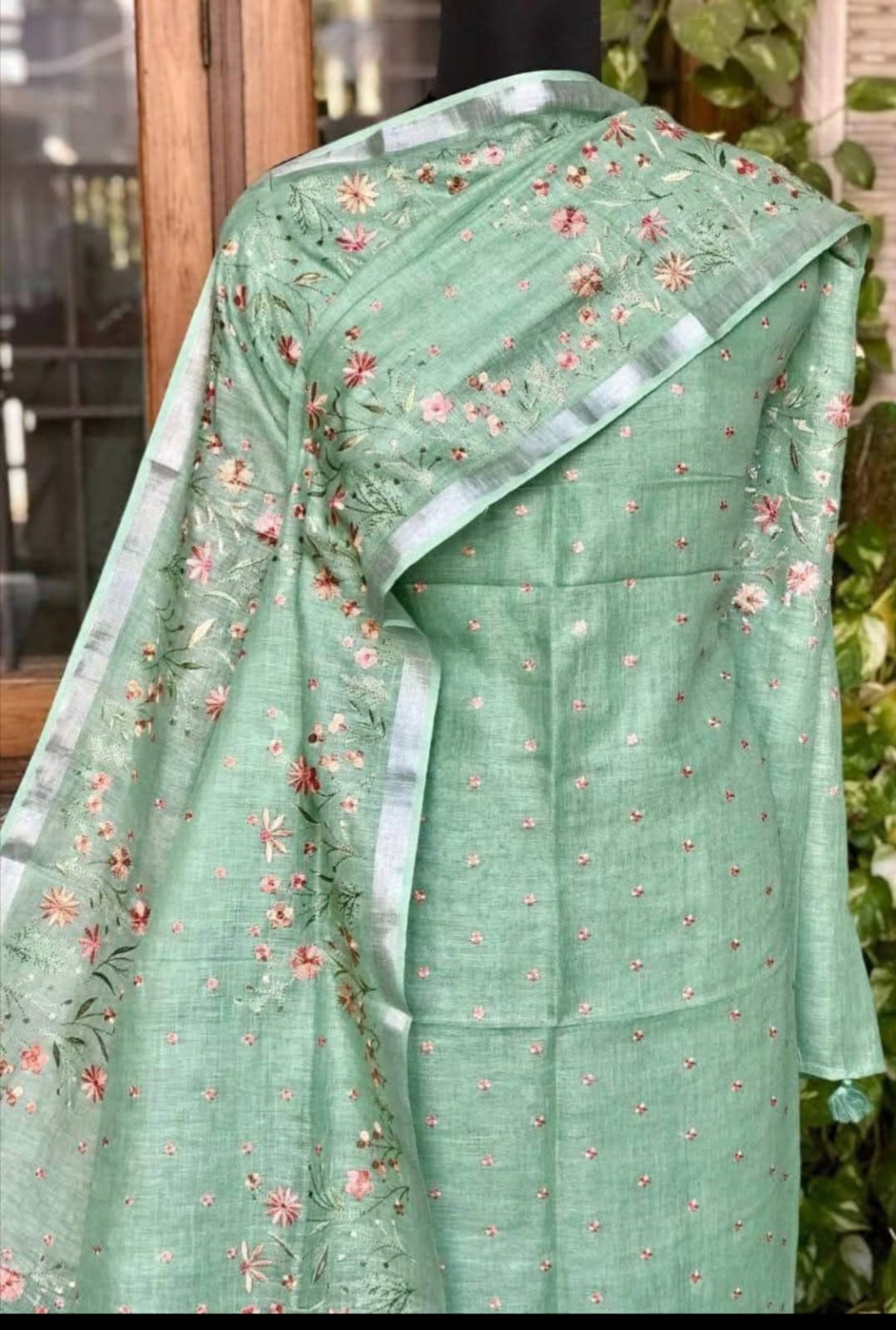 Bhagalpuri Cotton Linen Embroidery Work Unstitched With Dupatta .