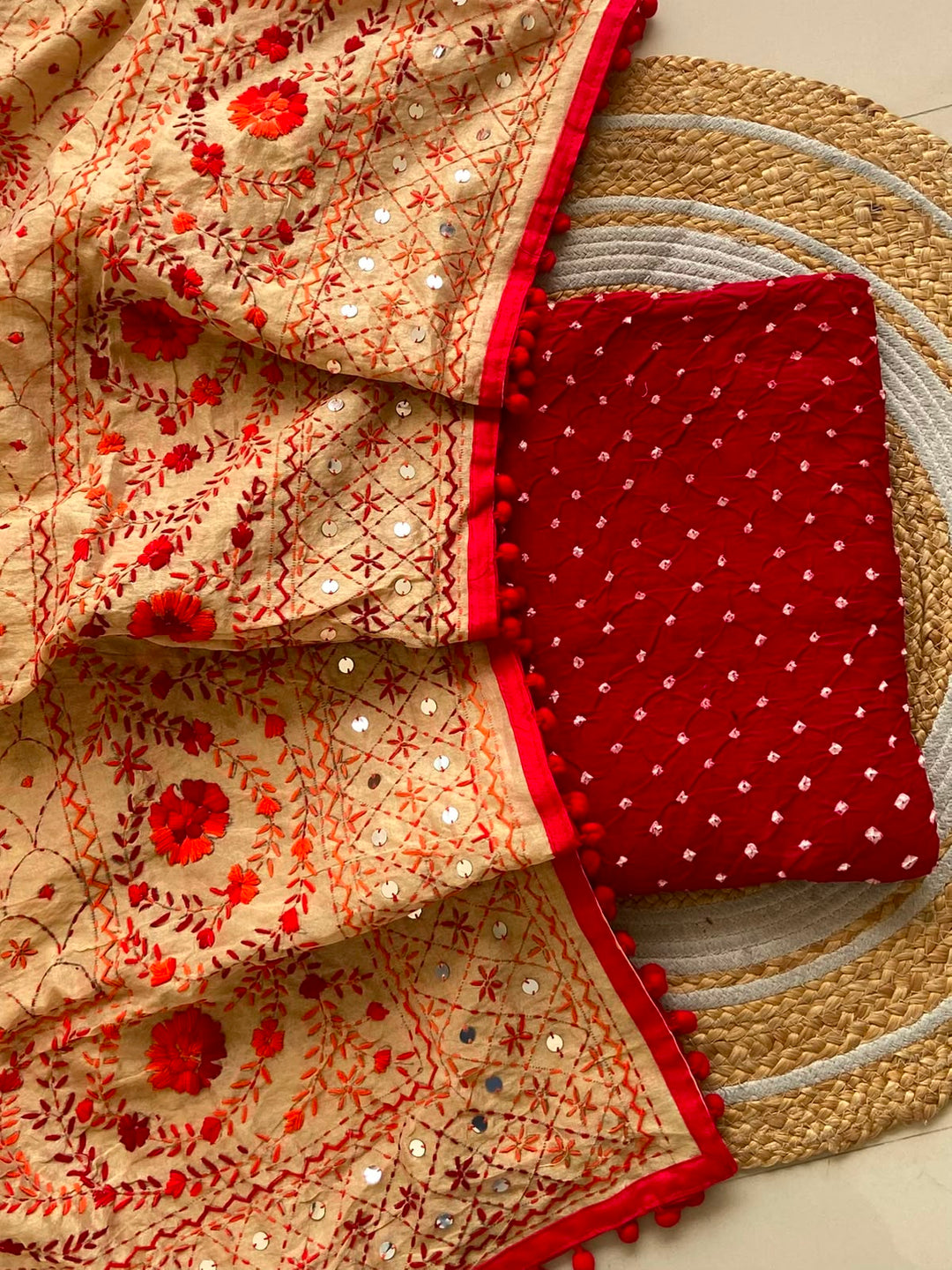 Pure Cotton Shatin Badhani Print Unstitched suit With Chanderi Fulkari Work .
