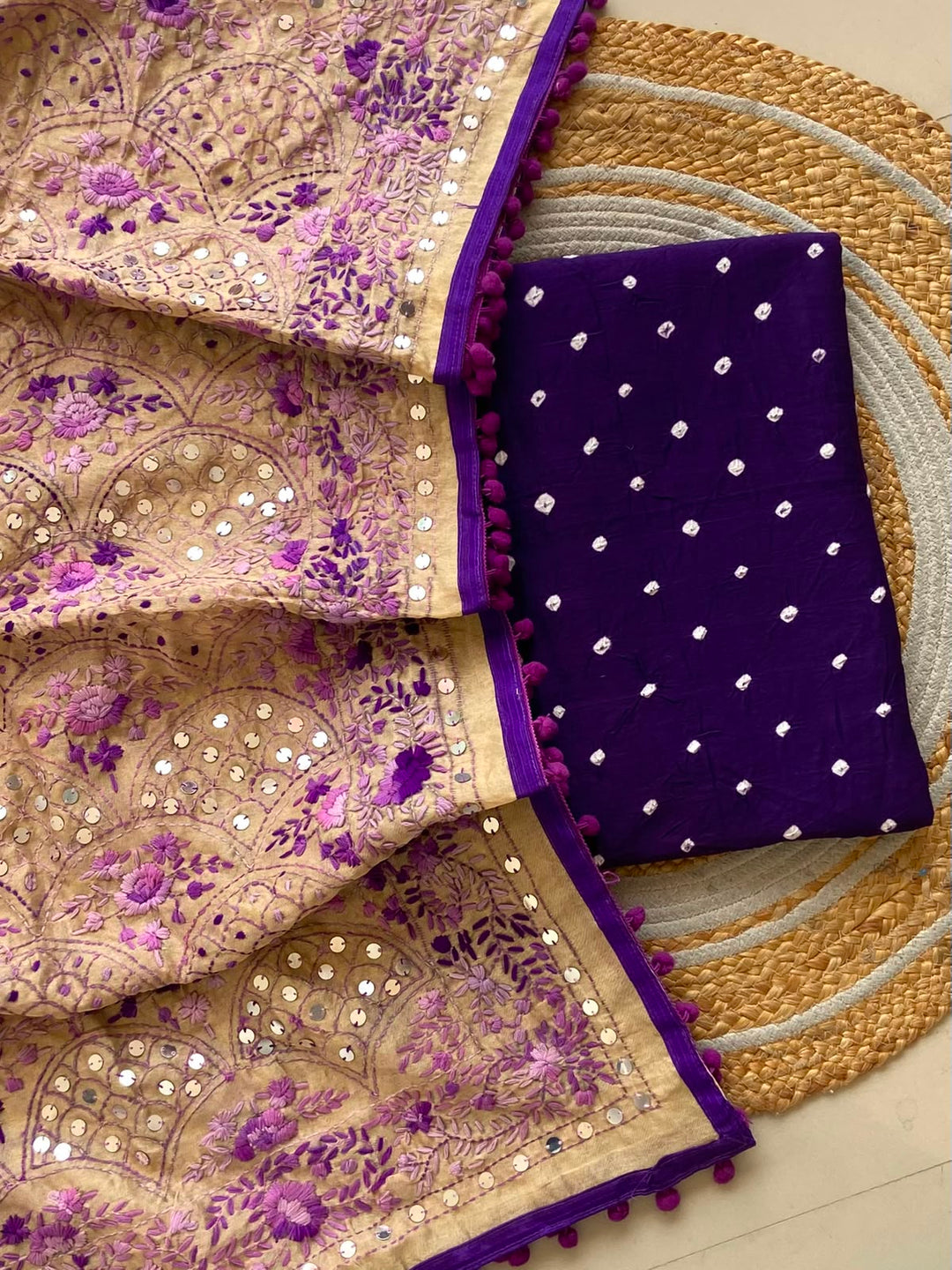 Pure Cotton Shatin Badhani Print Unstitched suit With Chanderi Fulkari Work .