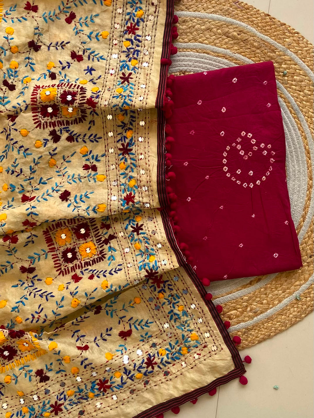 Pure Cotton Shatin Badhani Print Unstitched suit With Chanderi Fulkari Work .