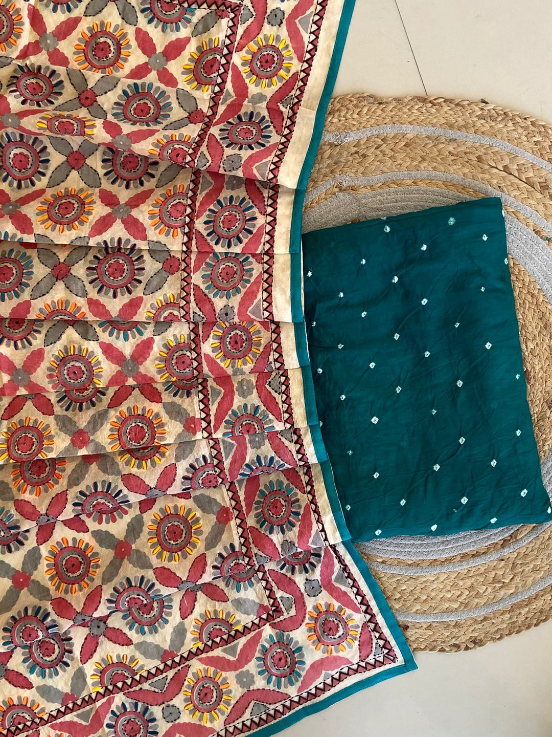 Pure Cotton Shatin Badhani Print Unstitched suit With Chanderi Fulkari Work .