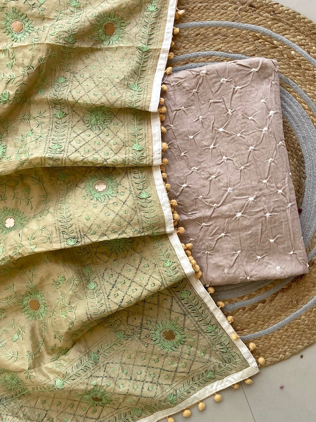 Pure Cotton Shatin Badhani Print Unstitched suit With Chanderi Fulkari Work .