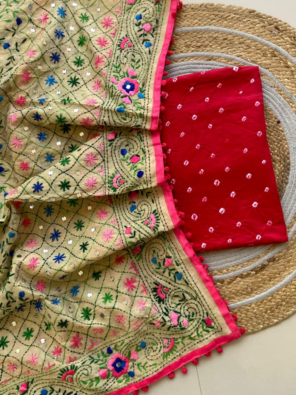 Pure Cotton Shatin Badhani Print Unstitched suit With Chanderi Fulkari Work .