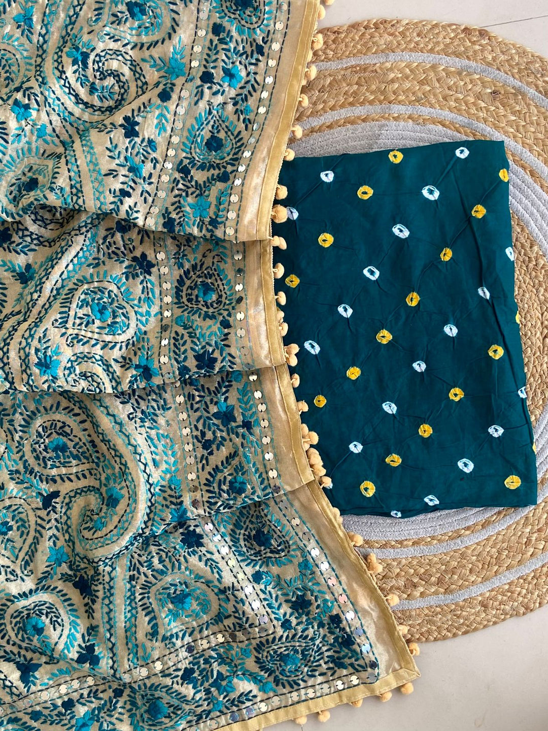 Pure Cotton Shatin Badhani Print Unstitched suit With Chanderi Fulkari Work .