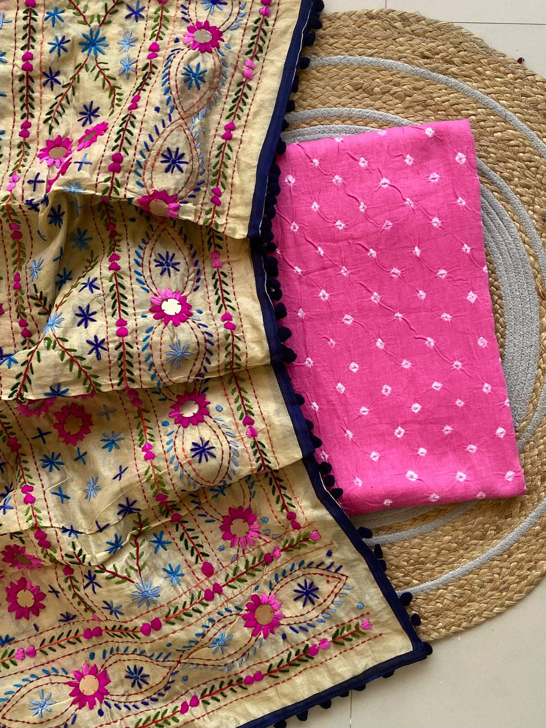 Pure Cotton Shatin Badhani Print Unstitched suit With Chanderi Fulkari Work .
