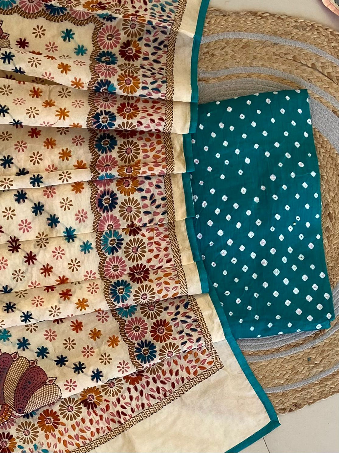 Pure Cotton Shatin Badhani Print Unstitched suit With Chanderi Fulkari Work .