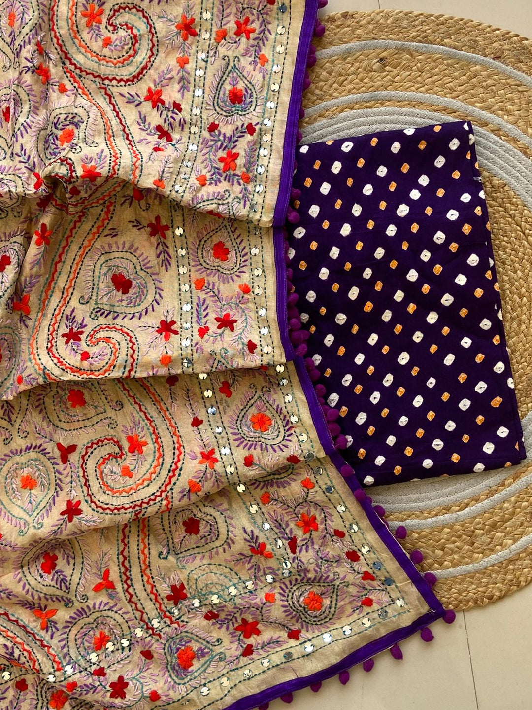 Pure Cotton Shatin Badhani Print Unstitched suit With Chanderi Fulkari Work .