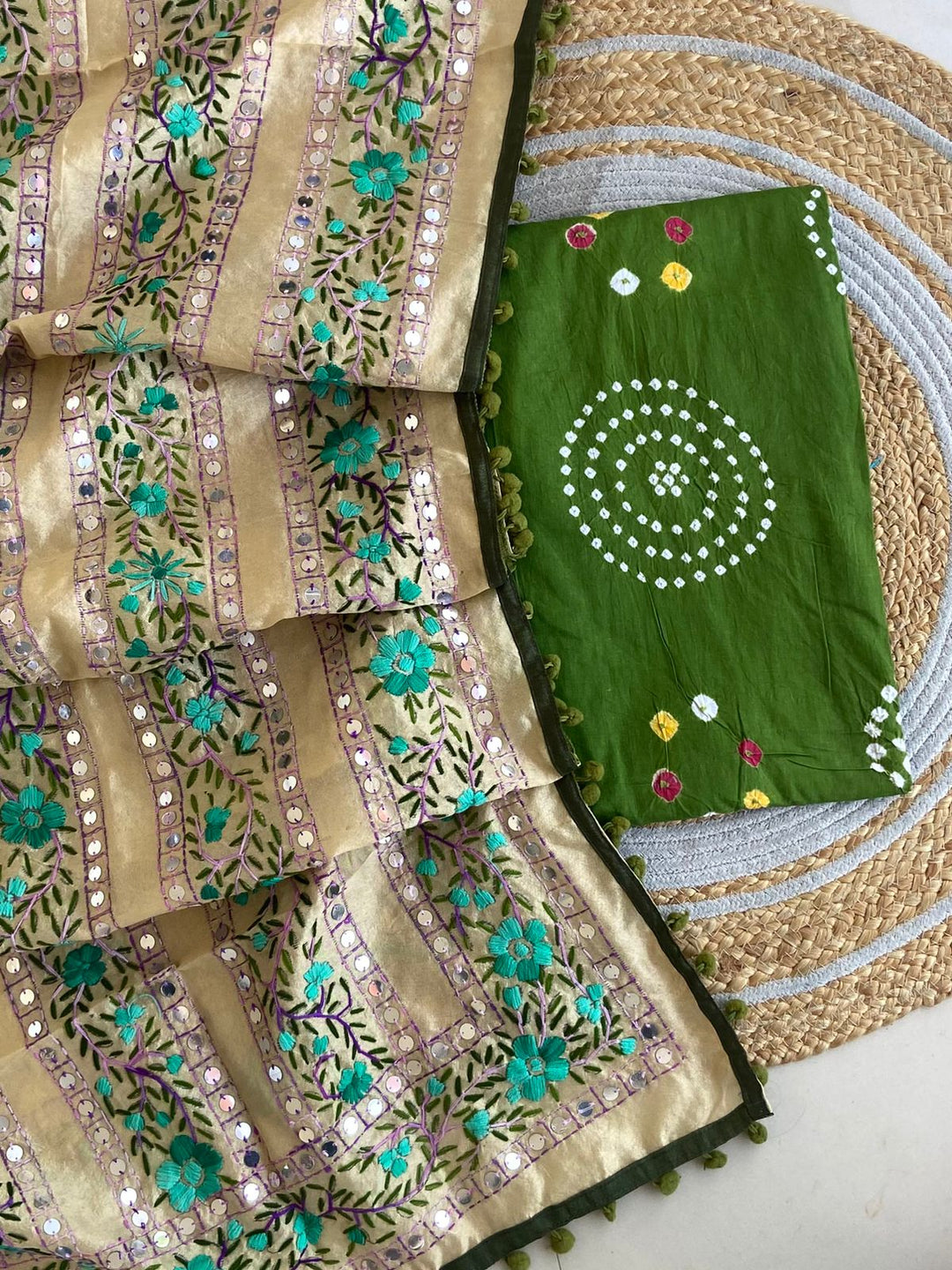 Pure Cotton Shatin Badhani Print Unstitched suit With Chanderi Fulkari Work .