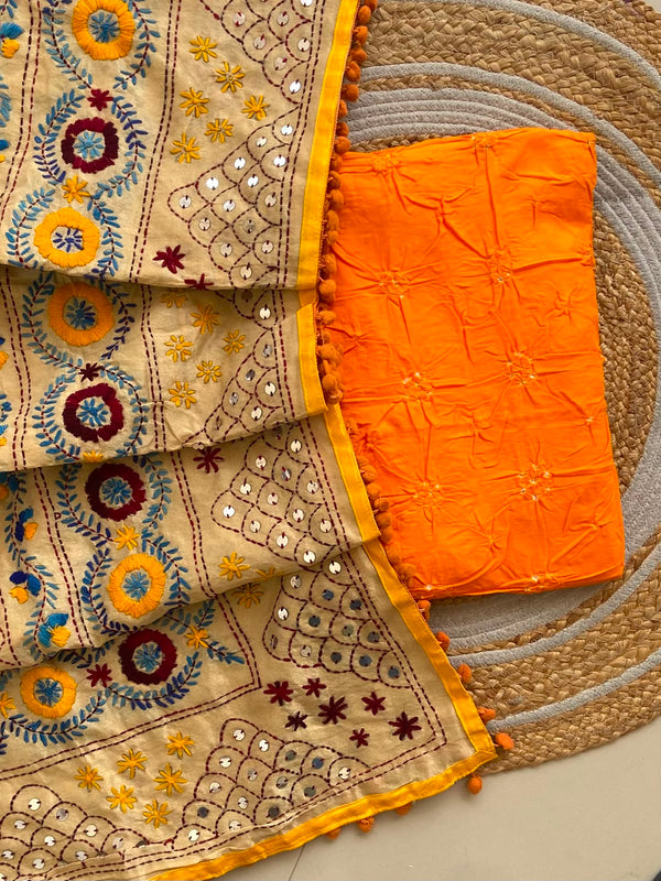 Pure Cotton Shatin Badhani Print Unstitched suit With Chanderi Fulkari Work .