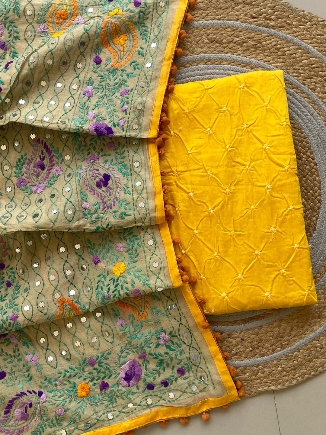 Pure Cotton Shatin Badhani Print Unstitched suit With Chanderi Fulkari Work .