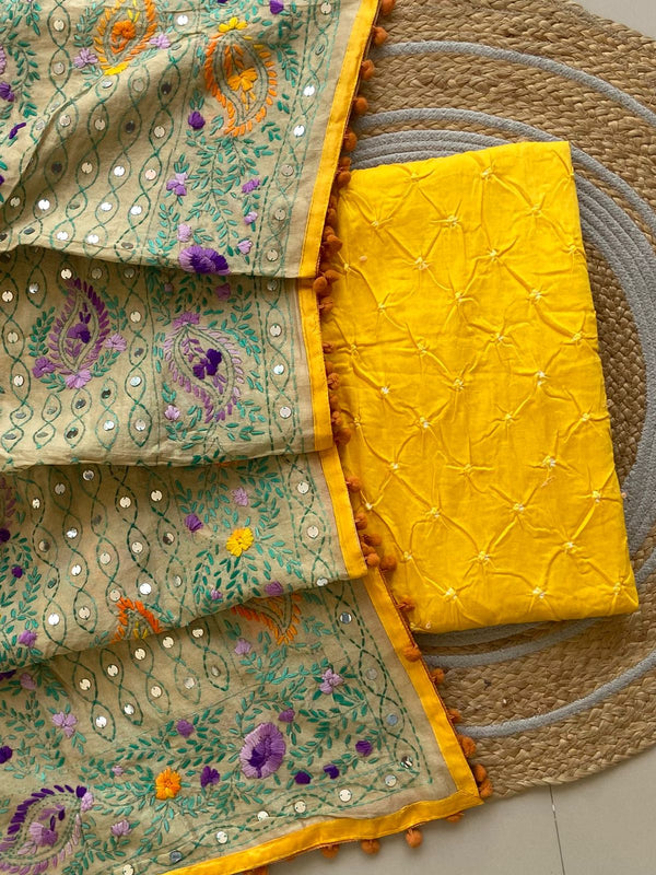 Pure Cotton Shatin Badhani Print Unstitched suit With Chanderi Fulkari Work .