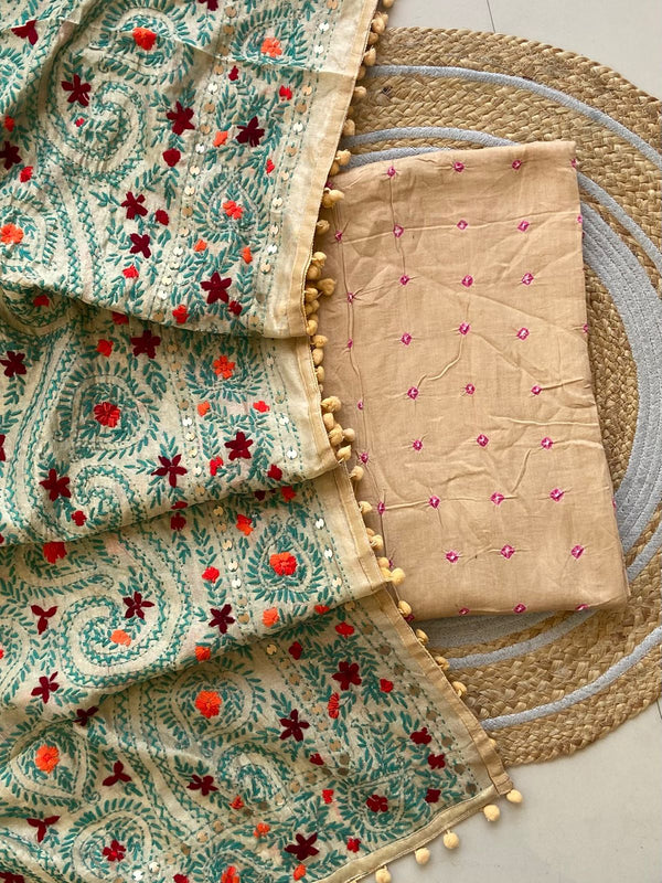 Pure Cotton Shatin Badhani Print Unstitched suit With Chanderi Fulkari Work .