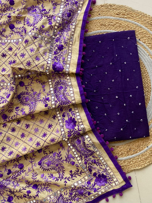 Pure Cotton Shatin Badhani Print Unstitched suit With Chanderi Fulkari Work .