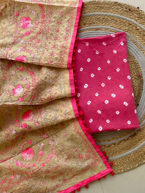 Pure Cotton Shatin Badhani Print Unstitched suit With Chanderi Fulkari Work .