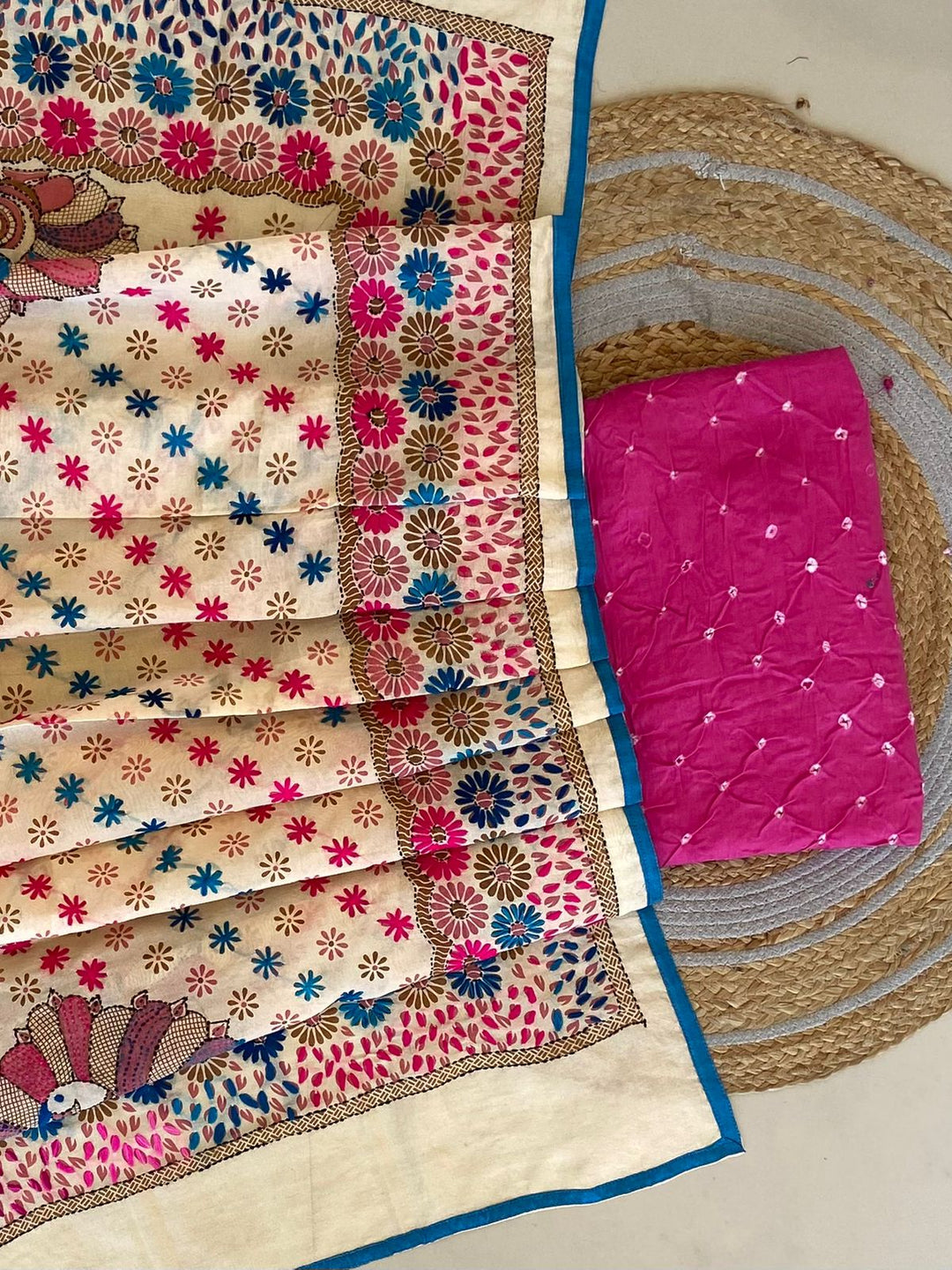 Pure Cotton Shatin Badhani Print Unstitched suit With Chanderi Fulkari Work .
