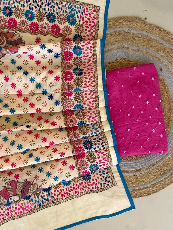 Pure Cotton Shatin Badhani Print Unstitched suit With Chanderi Fulkari Work .
