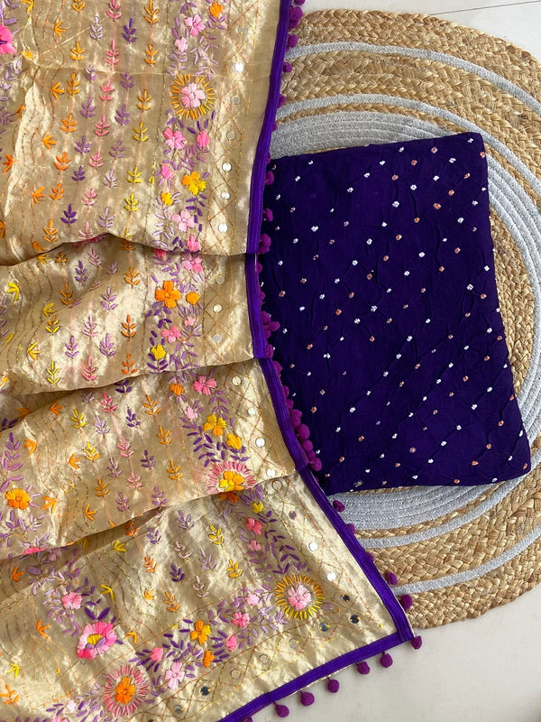 Pure Cotton Shatin Badhani Print Unstitched suit With Chanderi Fulkari Work .