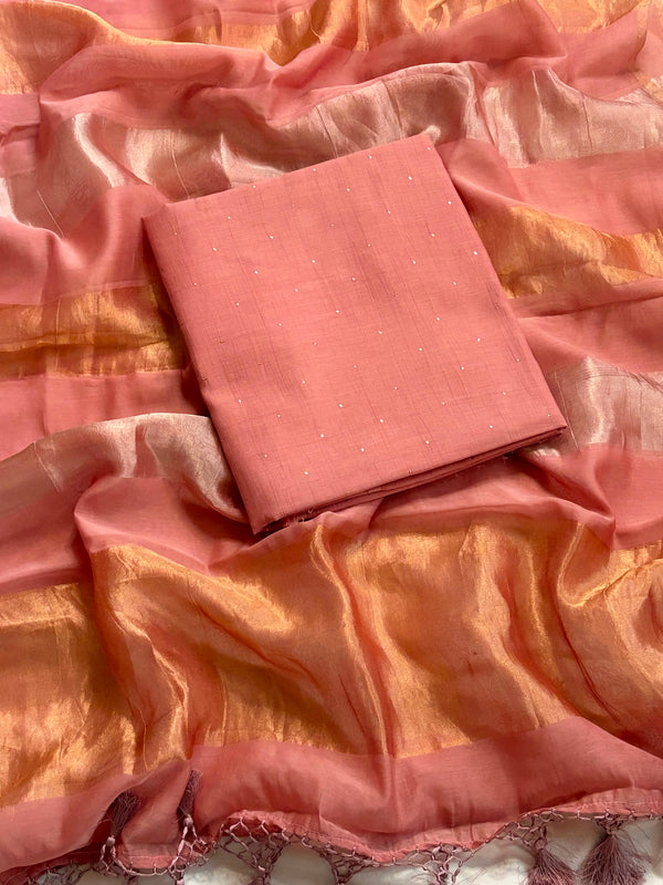 Pure Banarasi Chanderi Mukesh Kamdani Work Unstitched Suit With Mul tissue Dupatta.