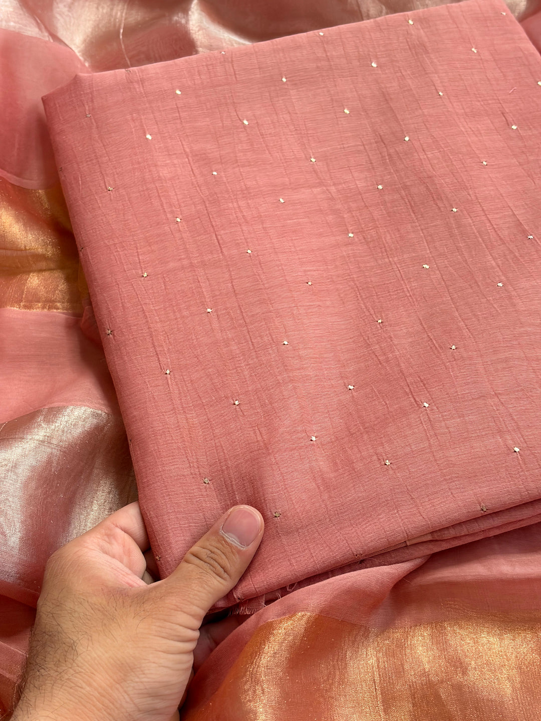 Pure Banarasi Chanderi Mukesh Kamdani Work Unstitched Suit With Mul tissue Dupatta.