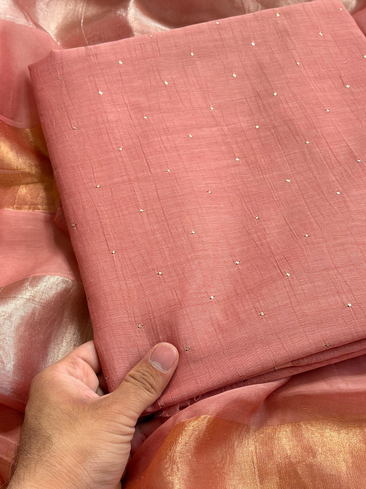 Pure Banarasi Chanderi Mukesh Kamdani Work Unstitched Suit With Mul tissue Dupatta.