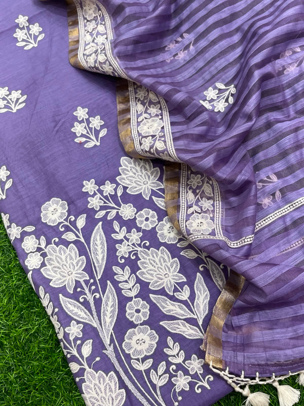 Pure Banarasi Mul Chanderi Silk Embroidery Unstitched Suit With Mul Chanderi Dupatta.