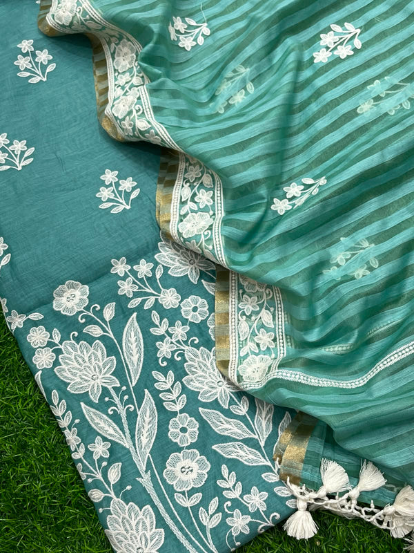 Pure Banarasi Mul Chanderi Silk Embroidery Unstitched Suit With Mul Chanderi Dupatta.