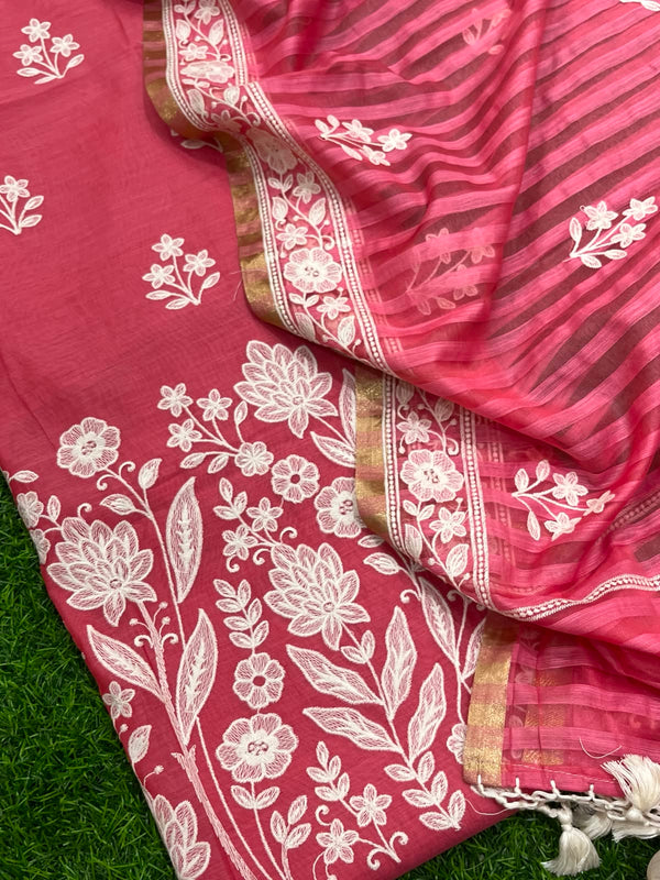 Pure Banarasi Mul Chanderi Silk Embroidery Unstitched Suit With Mul Chanderi Dupatta.