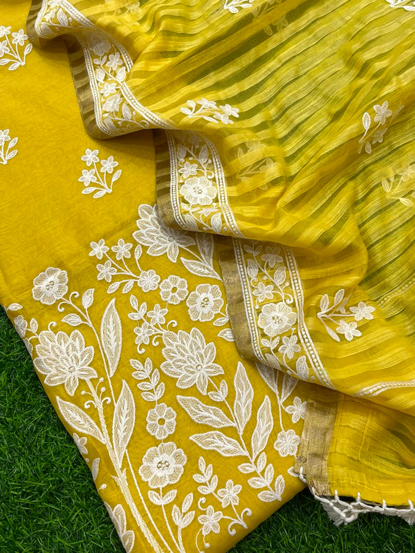 Pure Banarasi Mul Chanderi Silk Embroidery Unstitched Suit With Mul Chanderi Dupatta.