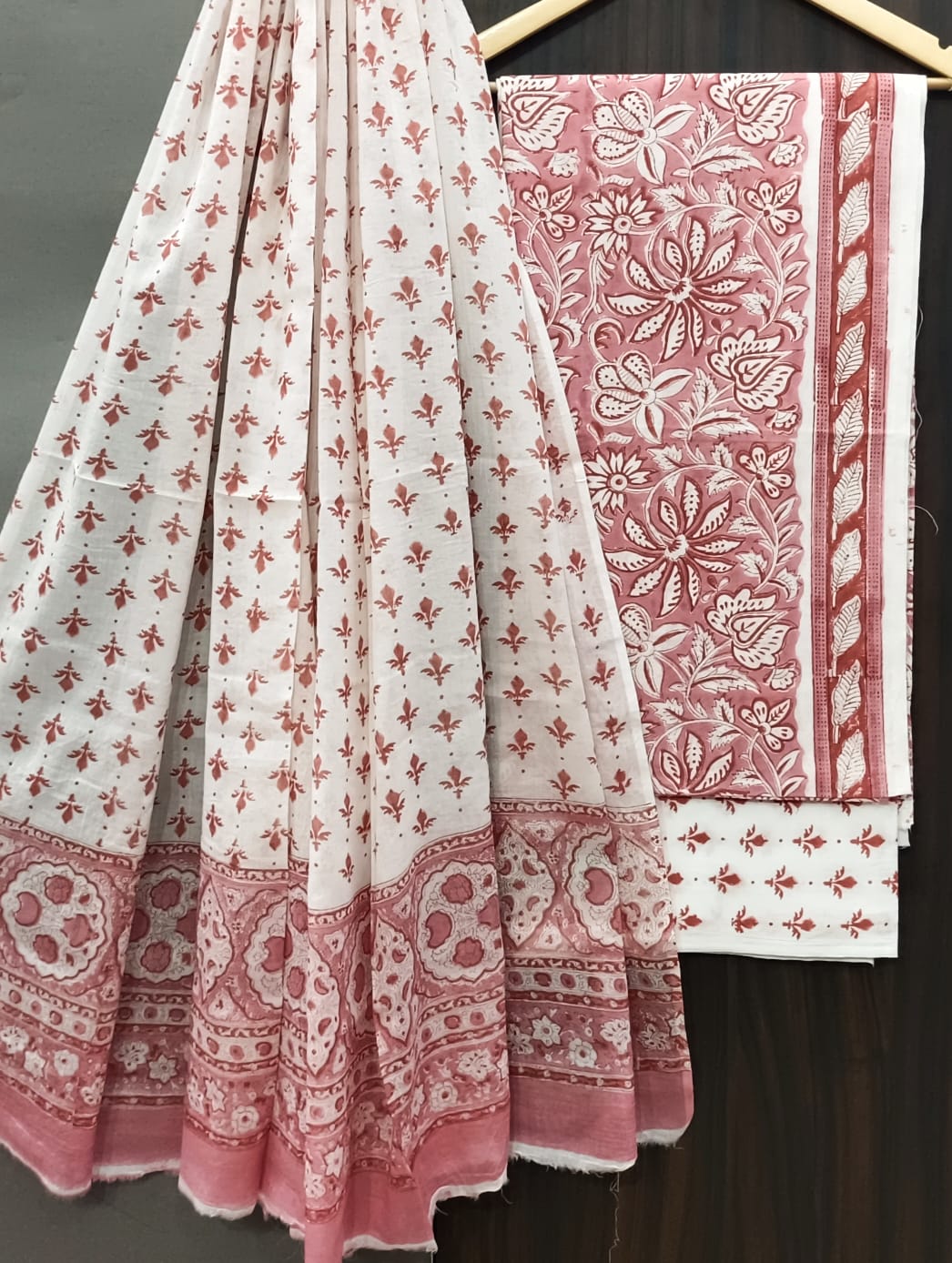 Pure Cotton Hand Block Print Unstitched Suit With Cotton Dupatta.