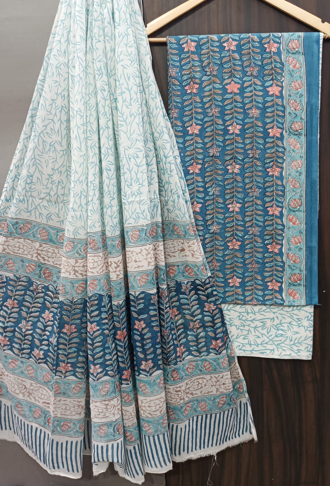 Pure Cotton Hand Block Print Unstitched Suit With Cotton Dupatta.