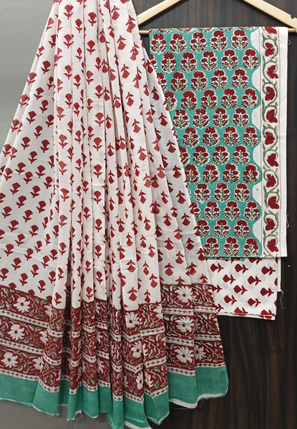 Pure Cotton Hand Block Print Unstitched Suit With Cotton Dupatta.