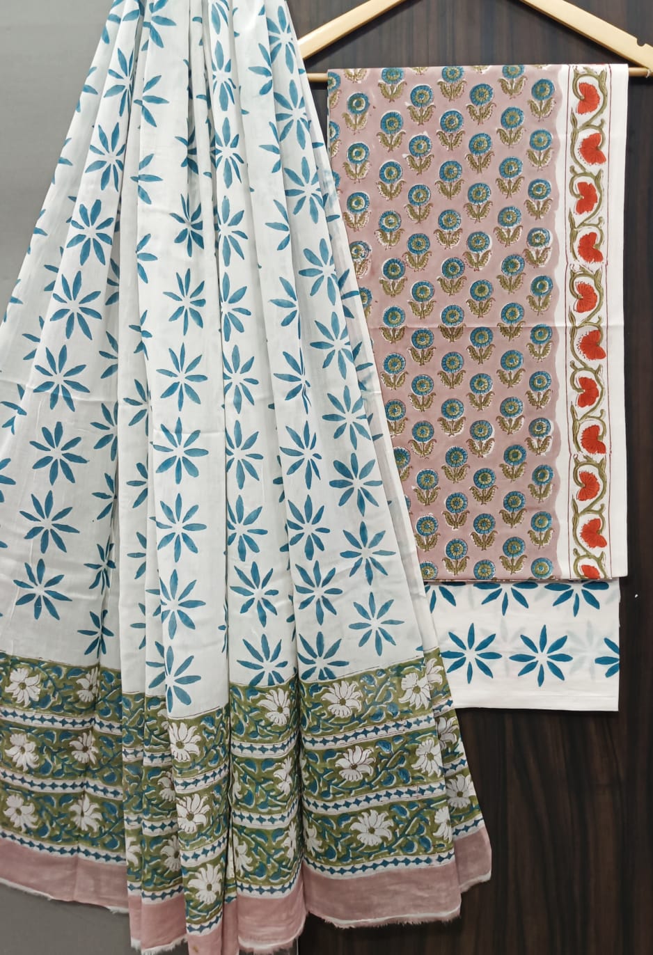 Pure Cotton Hand Block Print Unstitched Suit With Cotton Dupatta.