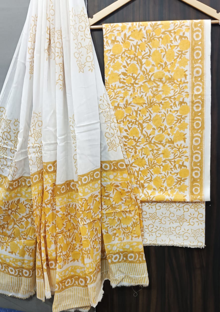 Pure Cotton Hand Block Print Unstitched Suit With Cotton Dupatta.
