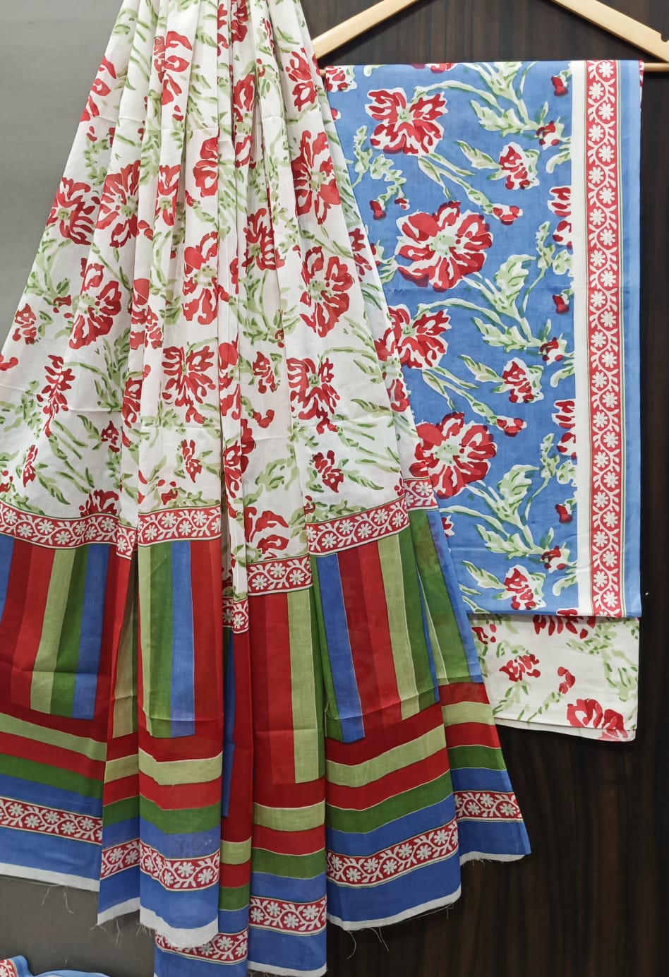 Pure Cotton Hand Block Print Unstitched Suit With Cotton Dupatta.