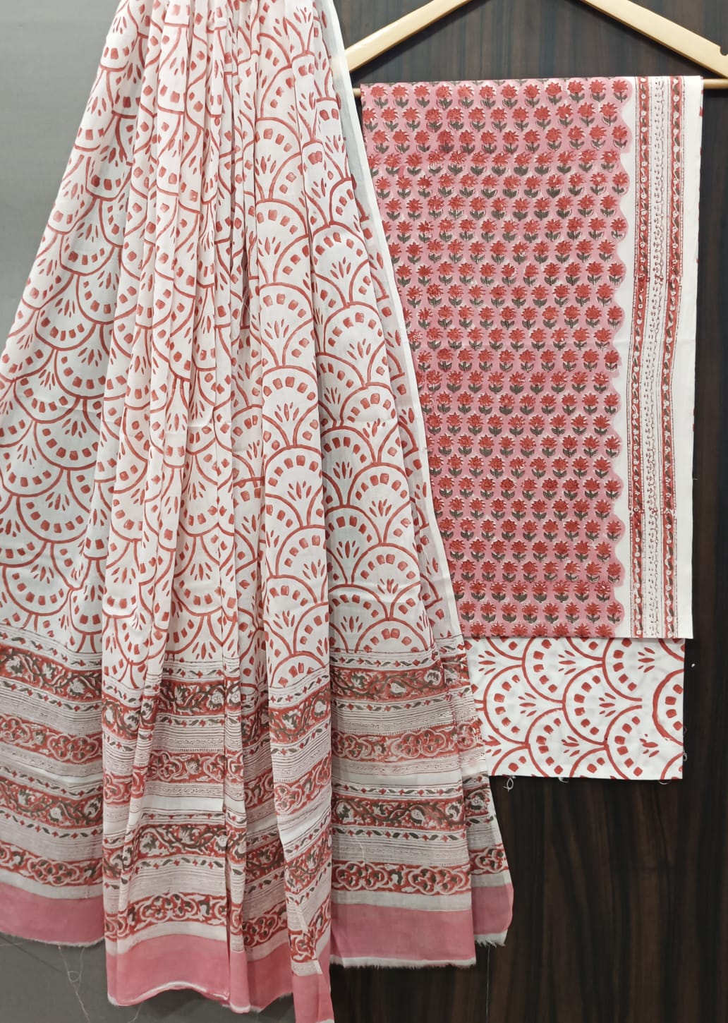 Pure Cotton Hand Block Print Unstitched Suit With Cotton Dupatta.
