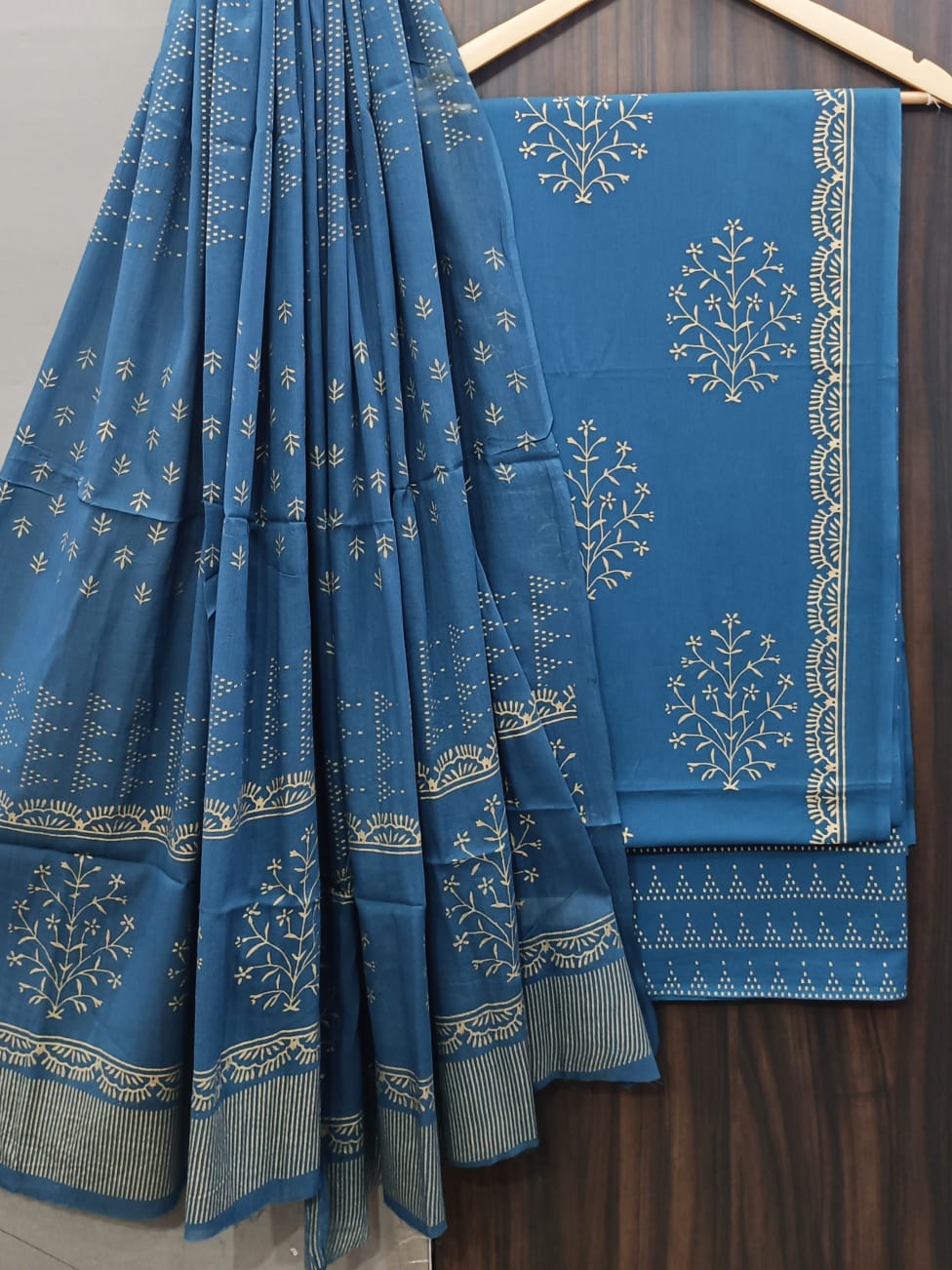 Pure Cotton Hand Block Print Unstitched Suit With Cotton Dupatta.