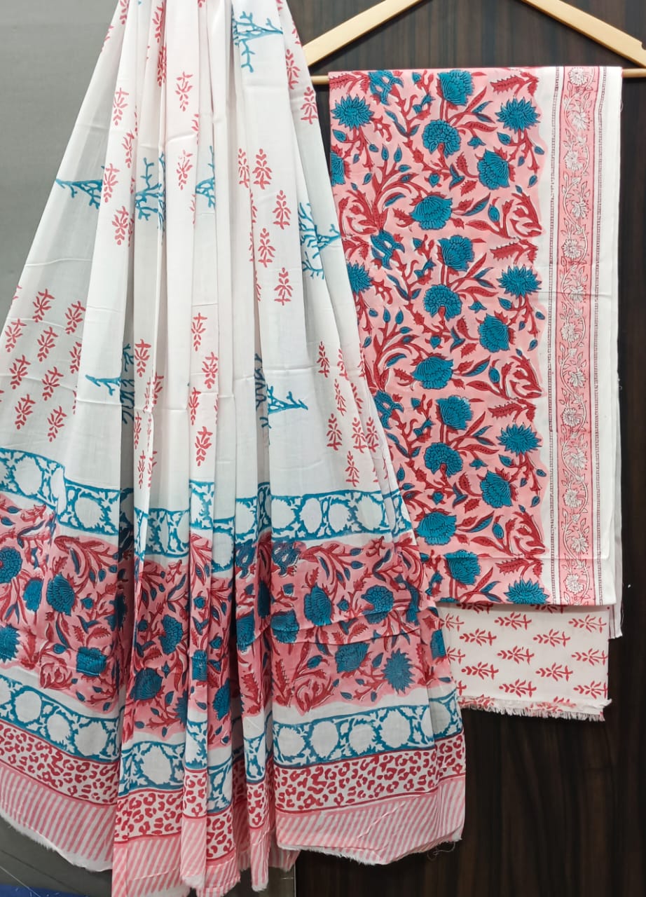 Pure Cotton Hand Block Print Unstitched Suit With Cotton Dupatta.